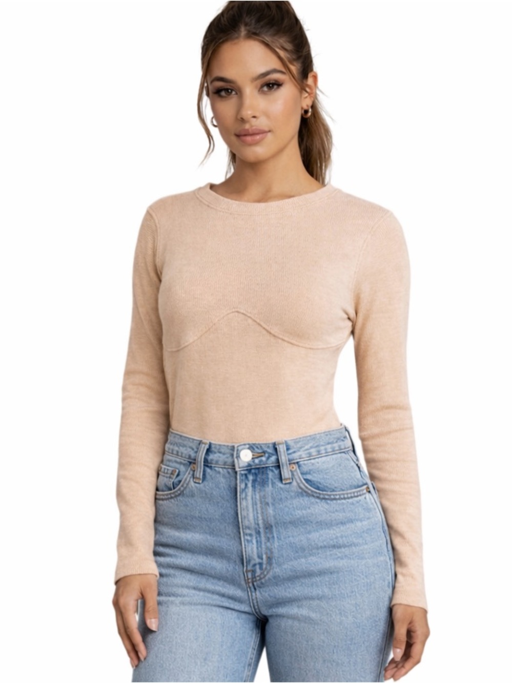 Missguided Tan Ribbed Bodysuit Crewneck Size 2 Minimalist